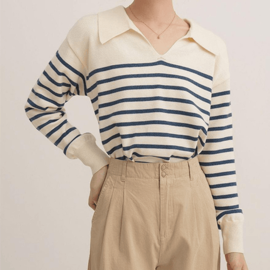 French Style Polo Collar Striped Soft Knitted Sweater