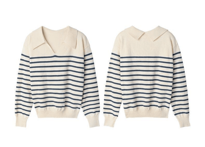 French Style Polo Collar Striped Soft Knitted Sweater - JoyDion