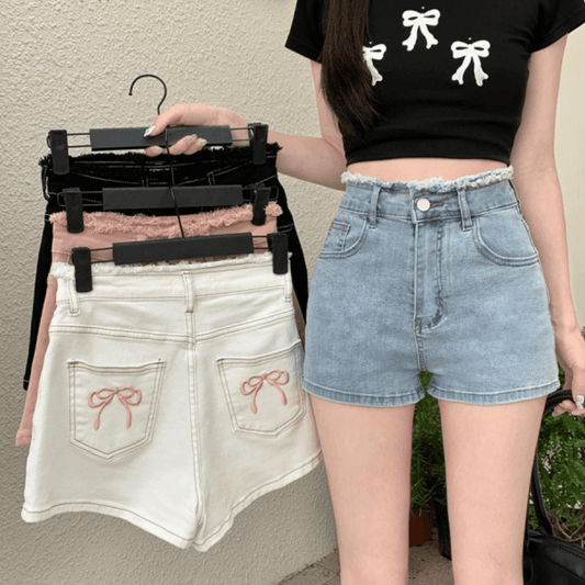 Slim Fit Butterfly Knot Embroidery Elastic Denim Shorts