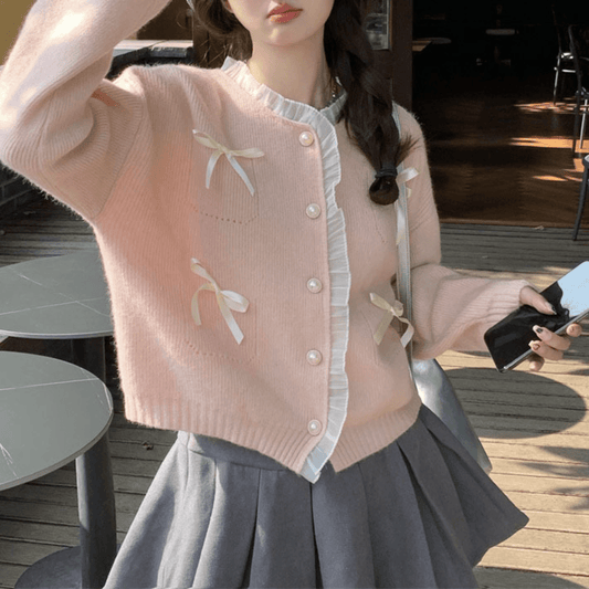 Sweet Ribbon Embellished Lace Knitted Cardigan Top