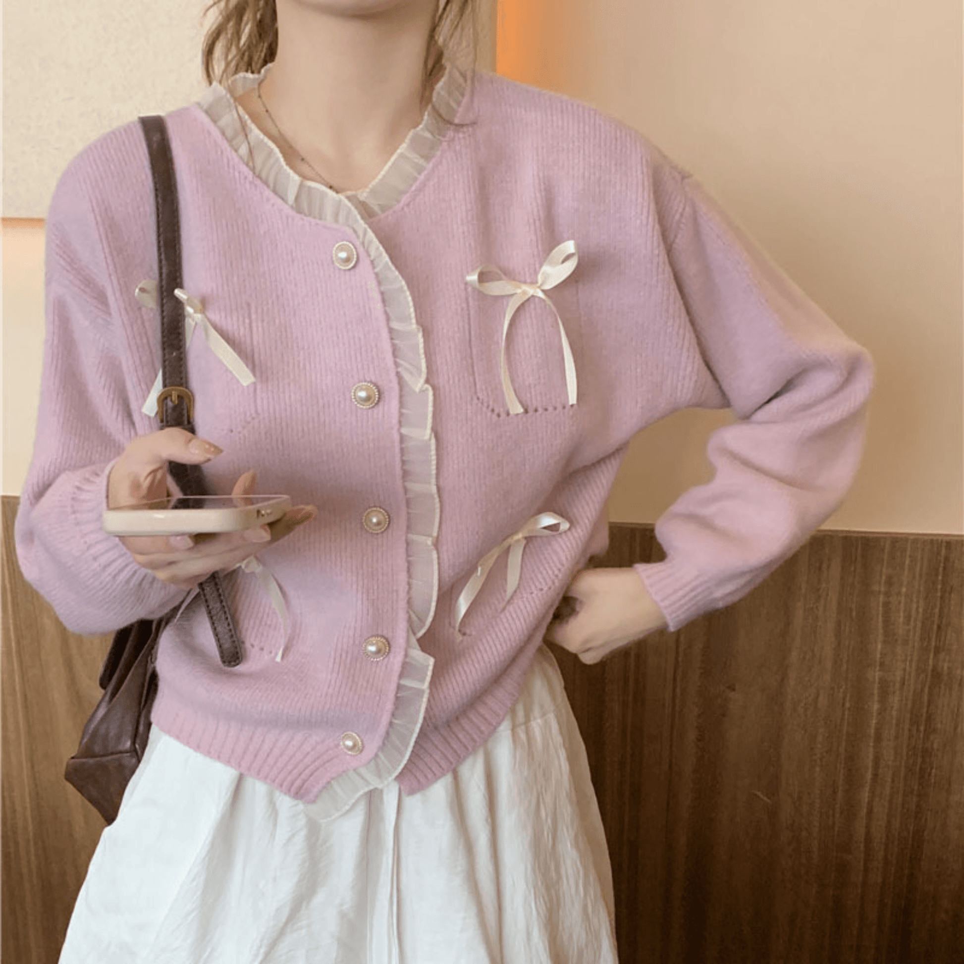 Sweet Ribbon Embellished Lace Knitted Cardigan Top - JoyDion