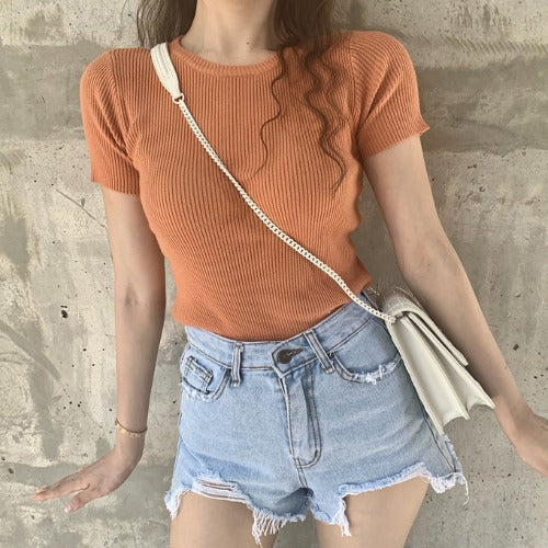 Stretchy Ice Silk Knitted Top Slim Fit Basic Tee