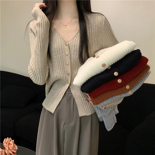 Chic Knitted Cardigan with V-neck Pit Stripe