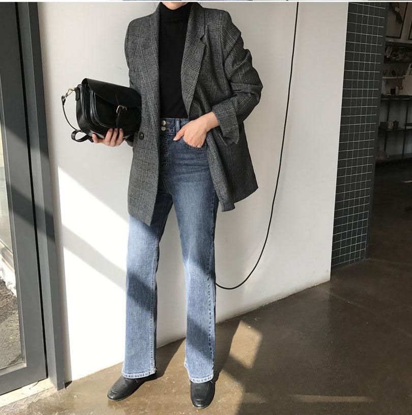 Korean Style Chic Plaid Lapel Double Pocket Long Sleeve Oversized Coat - JoyDion