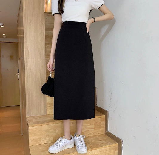 Black High Waist Midi Skirt with Back Slit Design