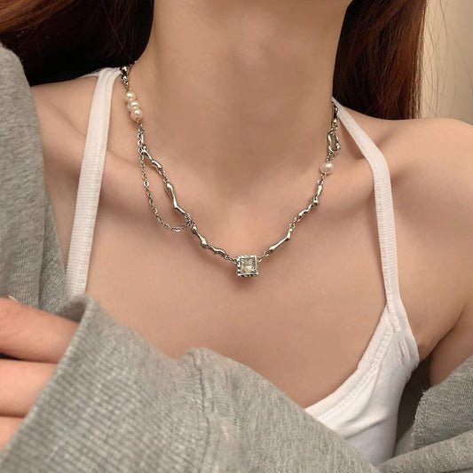 Baroque Pearl Black Zirconia Necklace Titanium Steel Chain