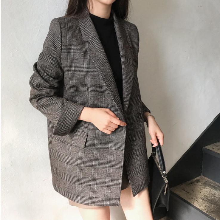 Korean Style Chic Plaid Lapel Double Pocket Long Sleeve Oversized Coat - JoyDion