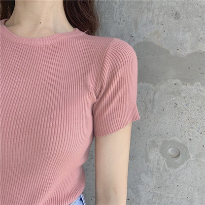 Stretchy Ice Silk Knitted Top Slim Fit Basic Tee
