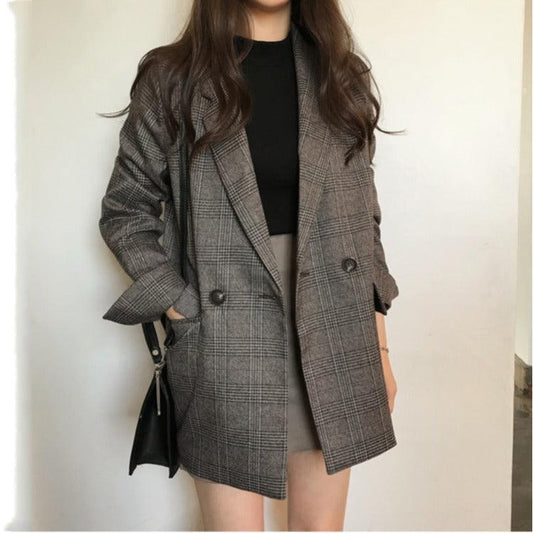 Korean Style Chic Plaid Lapel Double Pocket Long Sleeve Oversized Coat