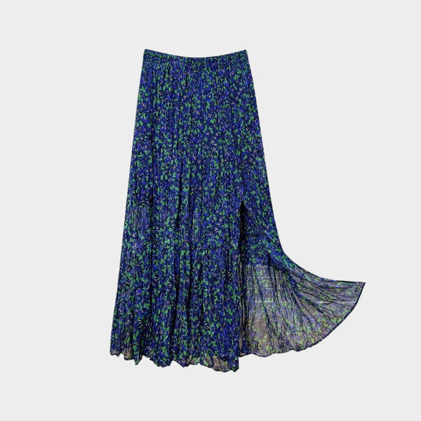 High Waist Pleated Floral Chiffon A-Line Skirt Side Slit